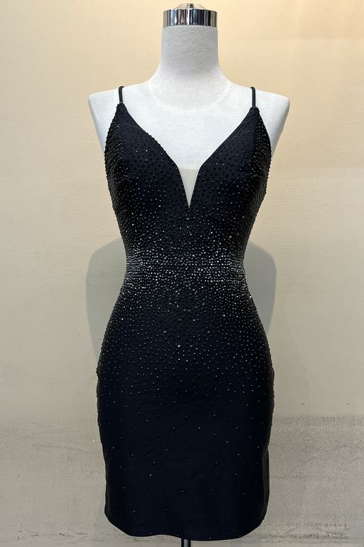 Style 394S Size 4 Prom Plunge Sequined Black Cocktail Dress on Queenly