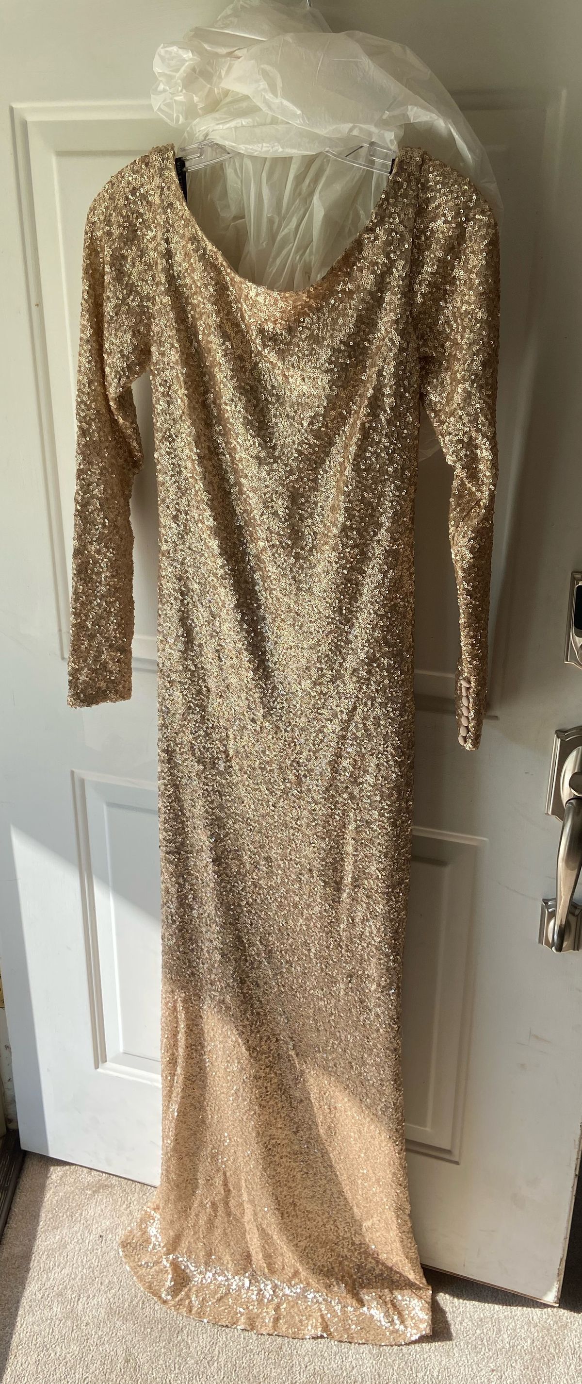 Size 12 Long Sleeve Sequined Gold Floor Length Maxi on Queenly
