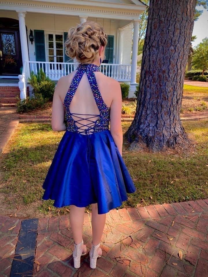 Sherri Hill Size 8 Halter Sequined Royal Blue Cocktail Dress on Queenly