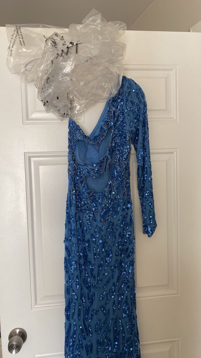 Sherri Hill Size 4 Prom One Shoulder Sequined Blue Side Slit Dress on Queenly
