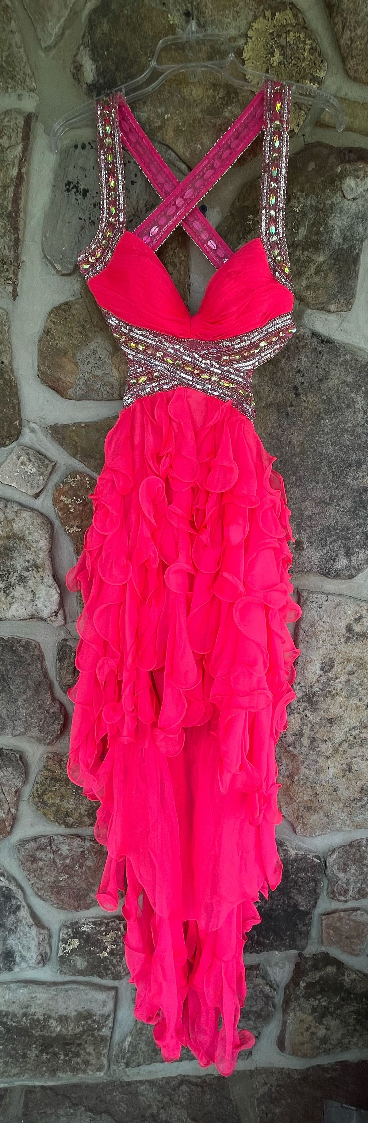 Dave and Johnny Size 0 Prom Sequined Hot Pink Dress With Train on Queenly