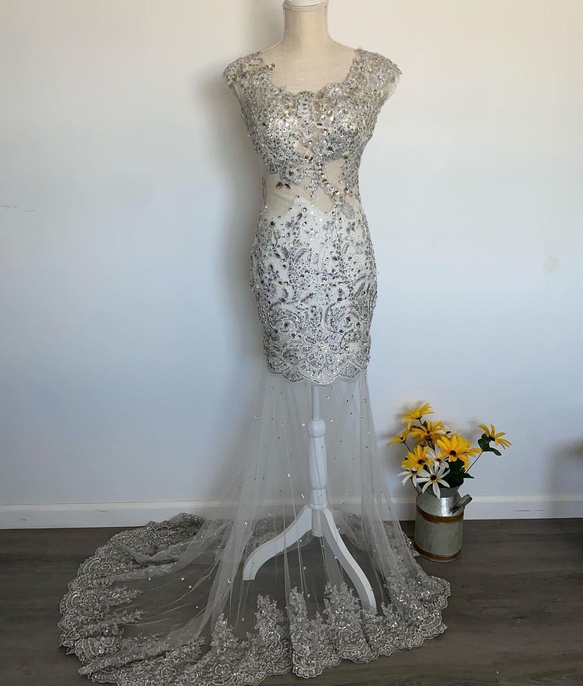 Size 4 Silver Dress With Train on Queenly