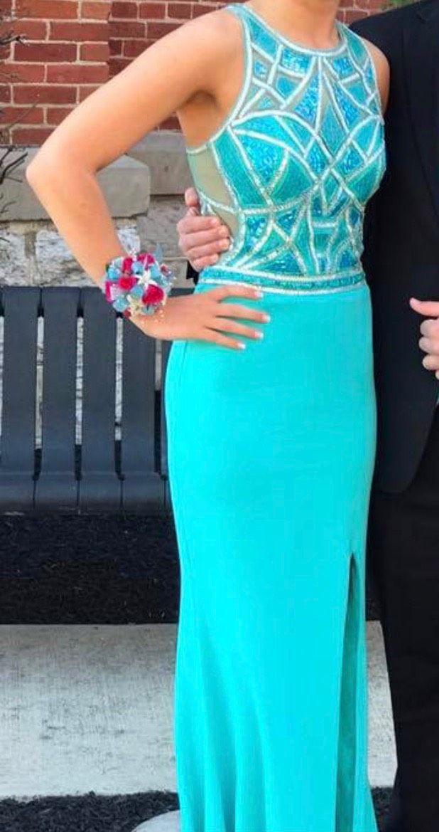 Size 2 Sequined Turquoise Blue Side Slit Dress on Queenly
