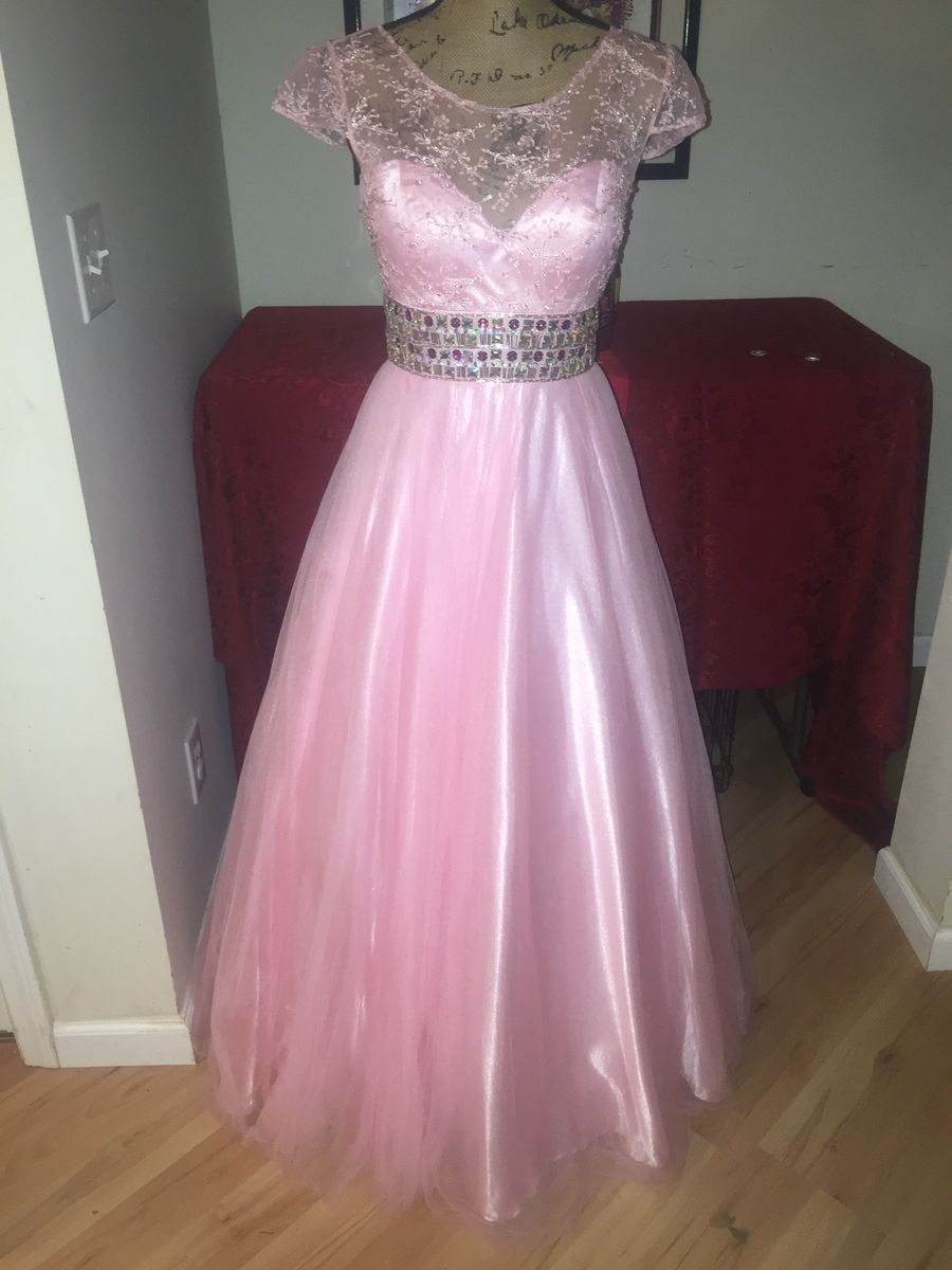 Party Time Formals Size 4 Prom Cap Sleeve Lace Light Pink Ball Gown on Queenly