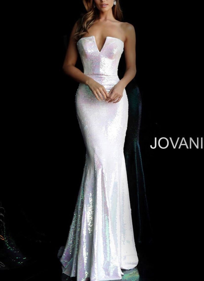 Jovani Size 10 Strapless Sequined White Floor Length Maxi on Queenly