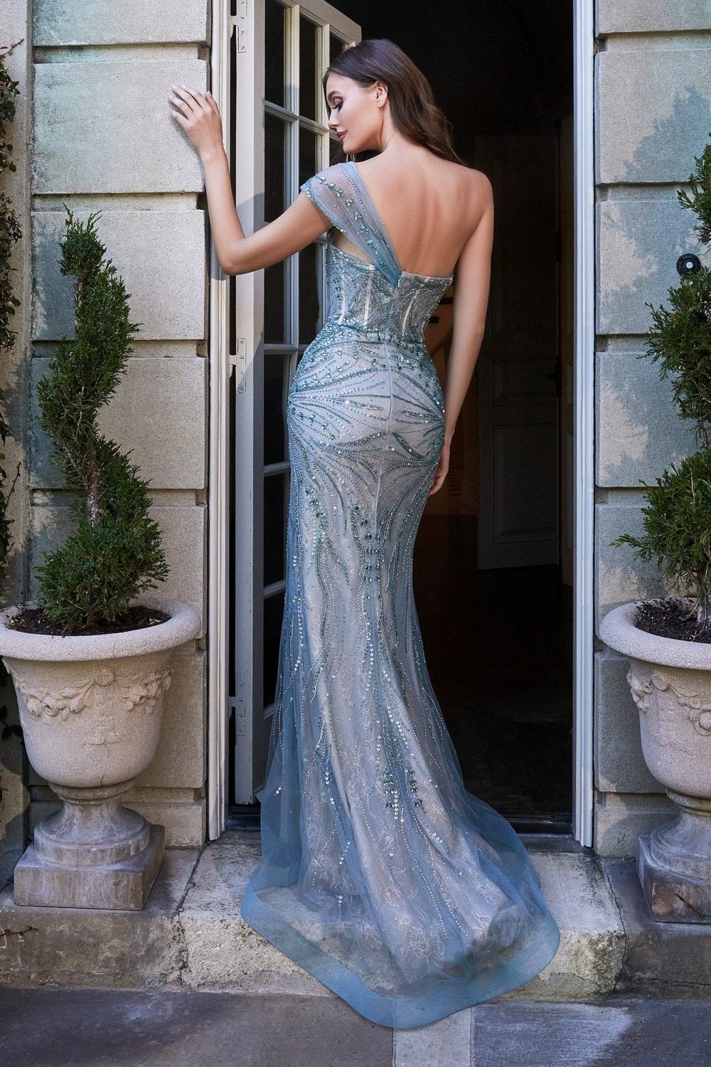 Size 12 Prom One Shoulder Sequined Light Blue Side Slit Dress on Queenly