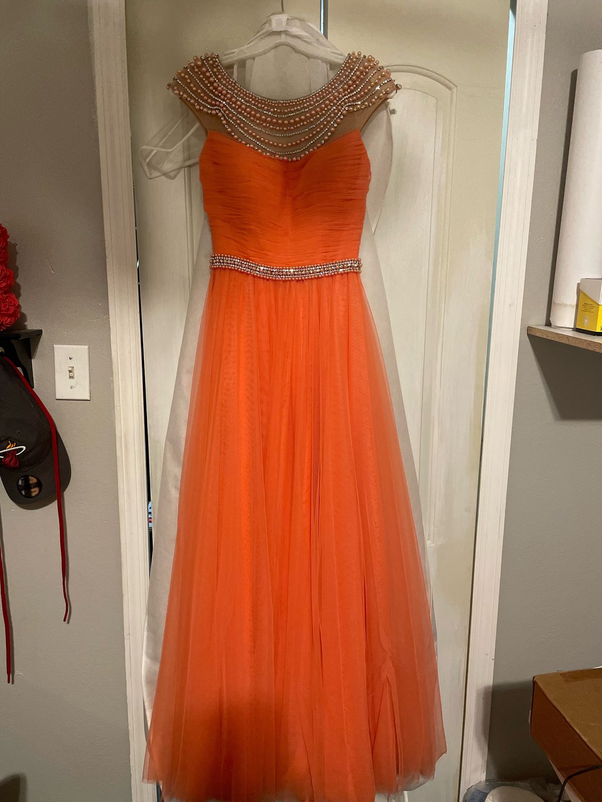 Minerva’s Size 0 Prom Sequined Coral A-line Dress on Queenly