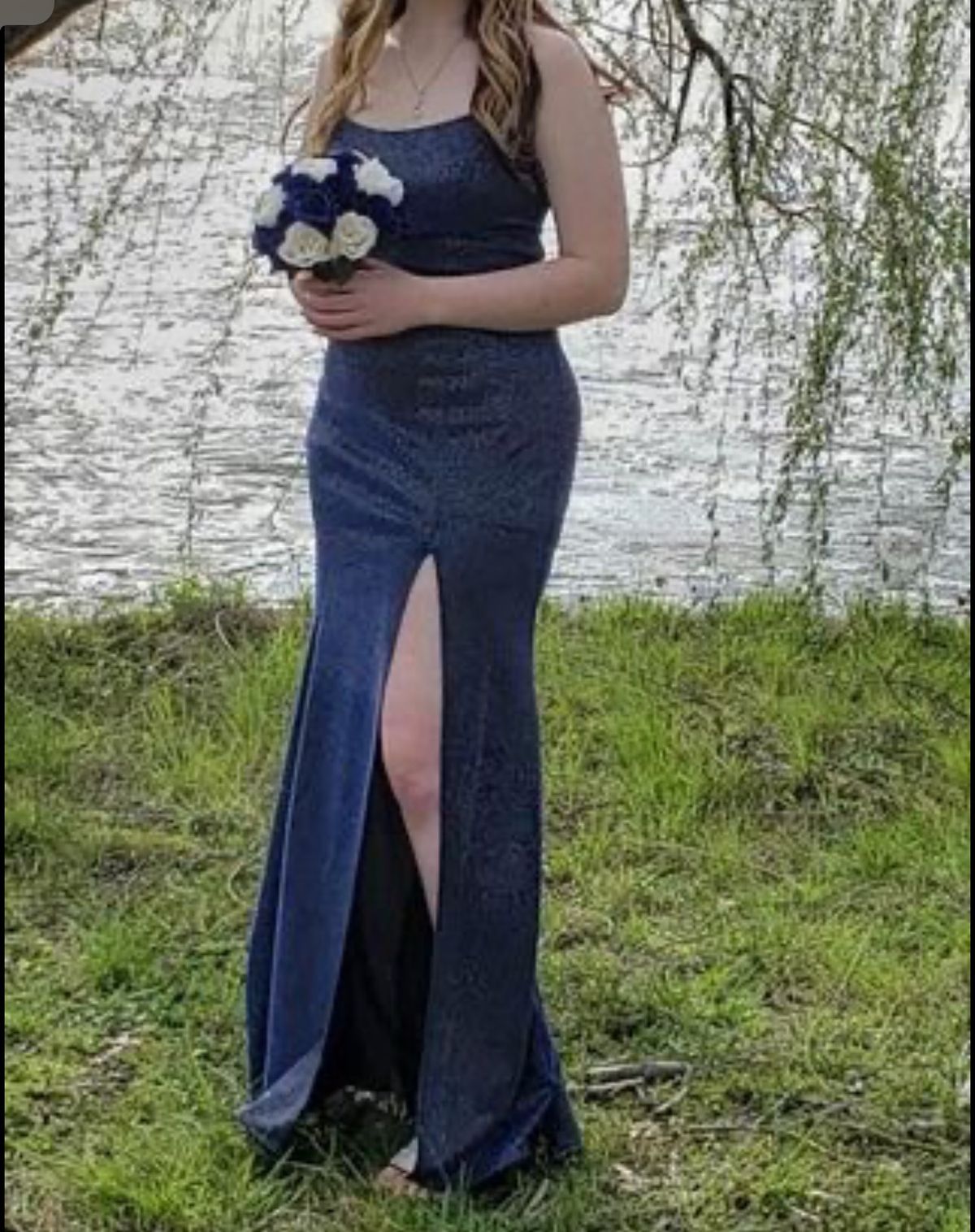 Size 10 Prom Sequined Navy Blue Floor Length Maxi on Queenly