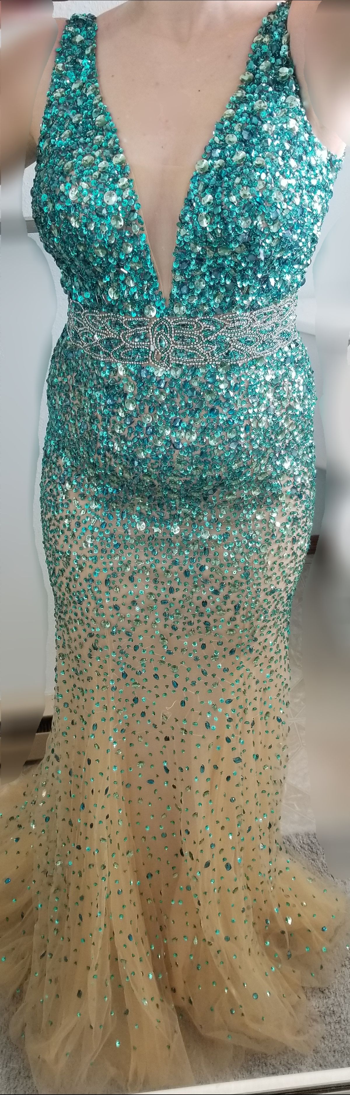MoriLee Size 8 Turquoise Nude Mermaid Dress on Queenly