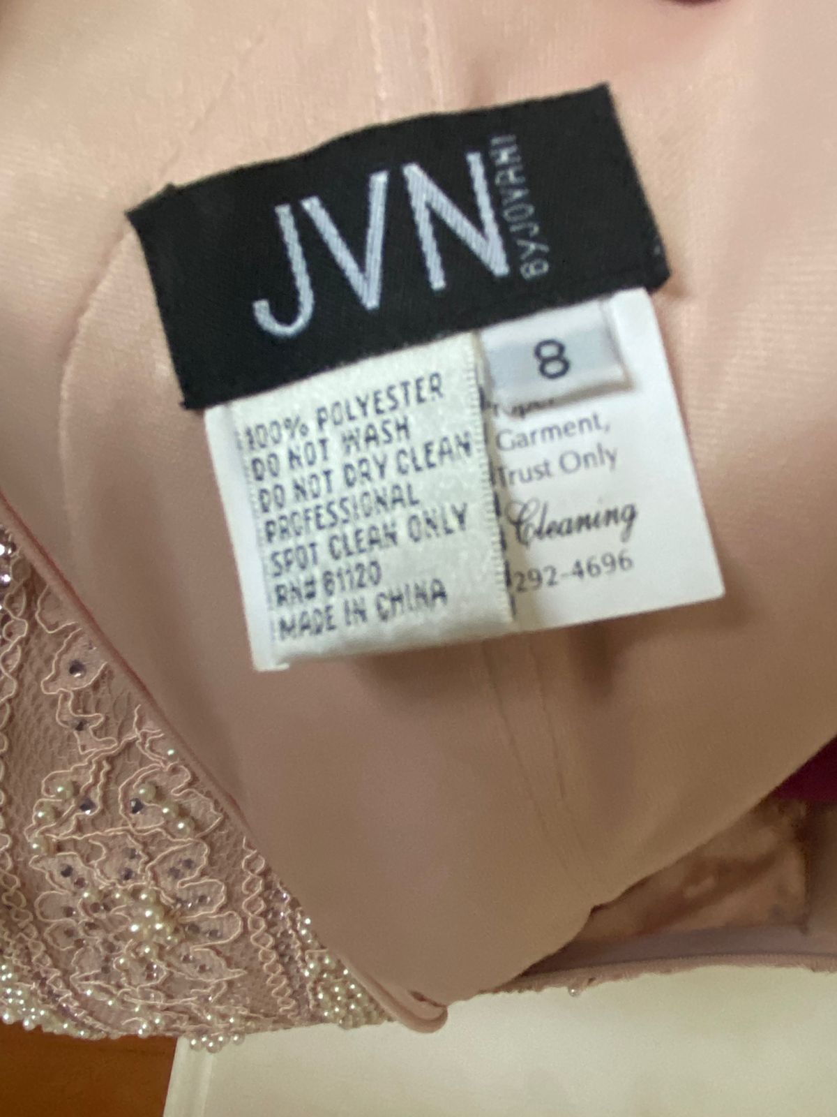 Style JVN62488A Jovani Size 8 Bridesmaid Plunge Lace Light Pink Floor Length Maxi on Queenly