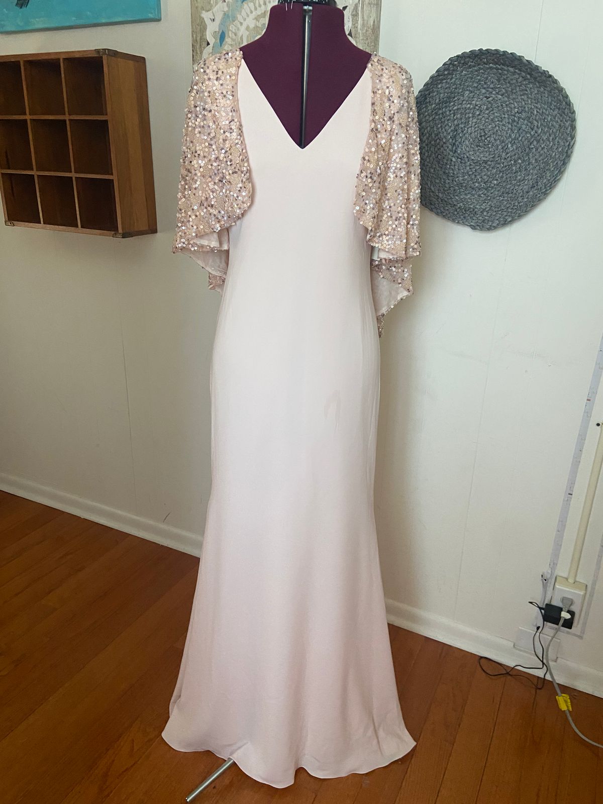 Style EG1831 Badgley Mischka Size 8 Bridesmaid Cap Sleeve Sequined Light Pink Floor Length Maxi on Queenly