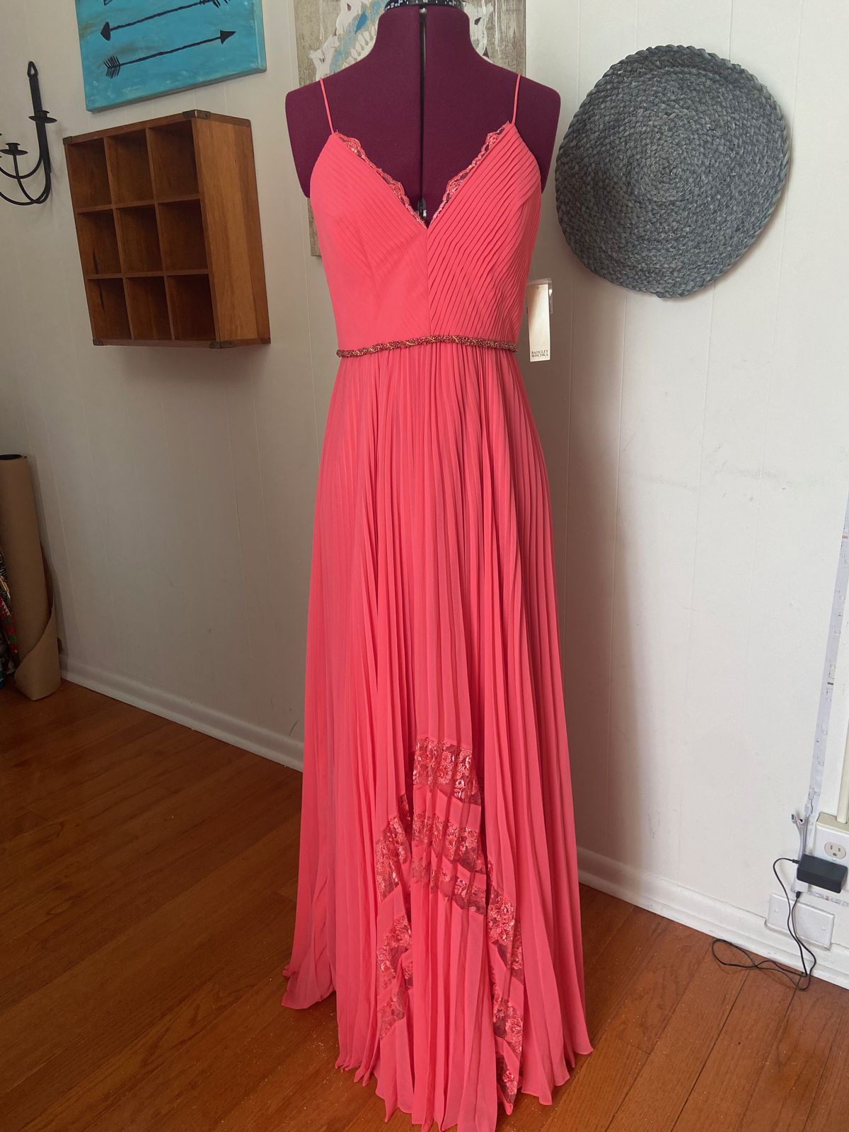 Style EG1814 Badgley Mischka Size 8 Lace Coral A-line Dress on Queenly