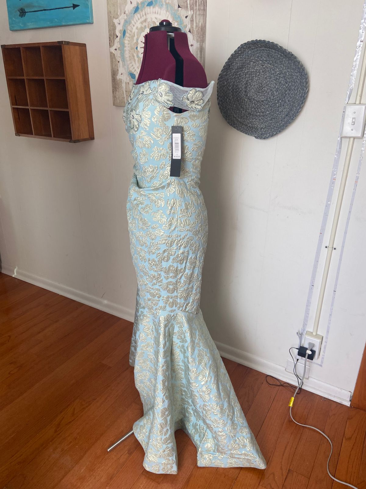 Style EG2109 Badgley Mischka Size 12 Off The Shoulder Light Blue Mermaid Dress on Queenly