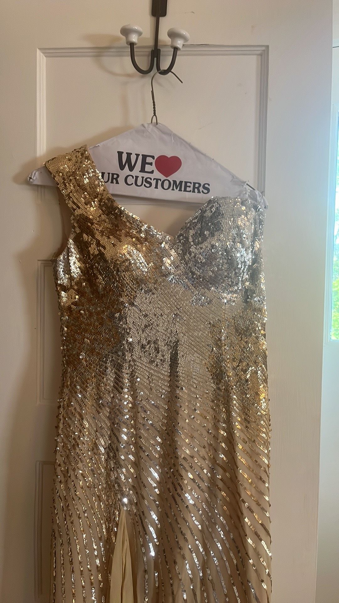 Terani Couture Size 8 Prom One Shoulder Sequined Gold Cocktail Dress on Queenly