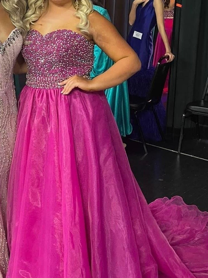 Size 10 Prom Strapless Sequined Hot Pink Ball Gown on Queenly