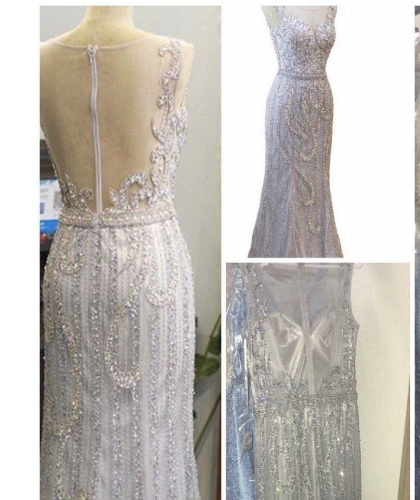 Custom made Size 10 Wedding Sequined Silver Floor Length Maxi on Queenly