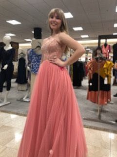 Girls Size 7 Prom Strapless Sequined Coral Ball Gown on Queenly