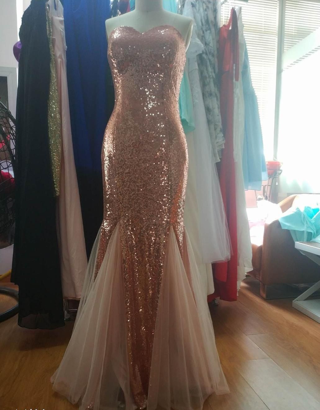 Size 2 Bridesmaid Strapless Sequined Rose Gold Floor Length Maxi on Queenly