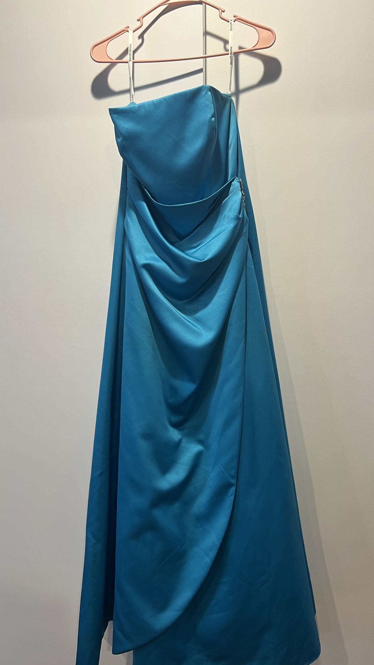 Size 12 Strapless Satin Blue Floor Length Maxi on Queenly