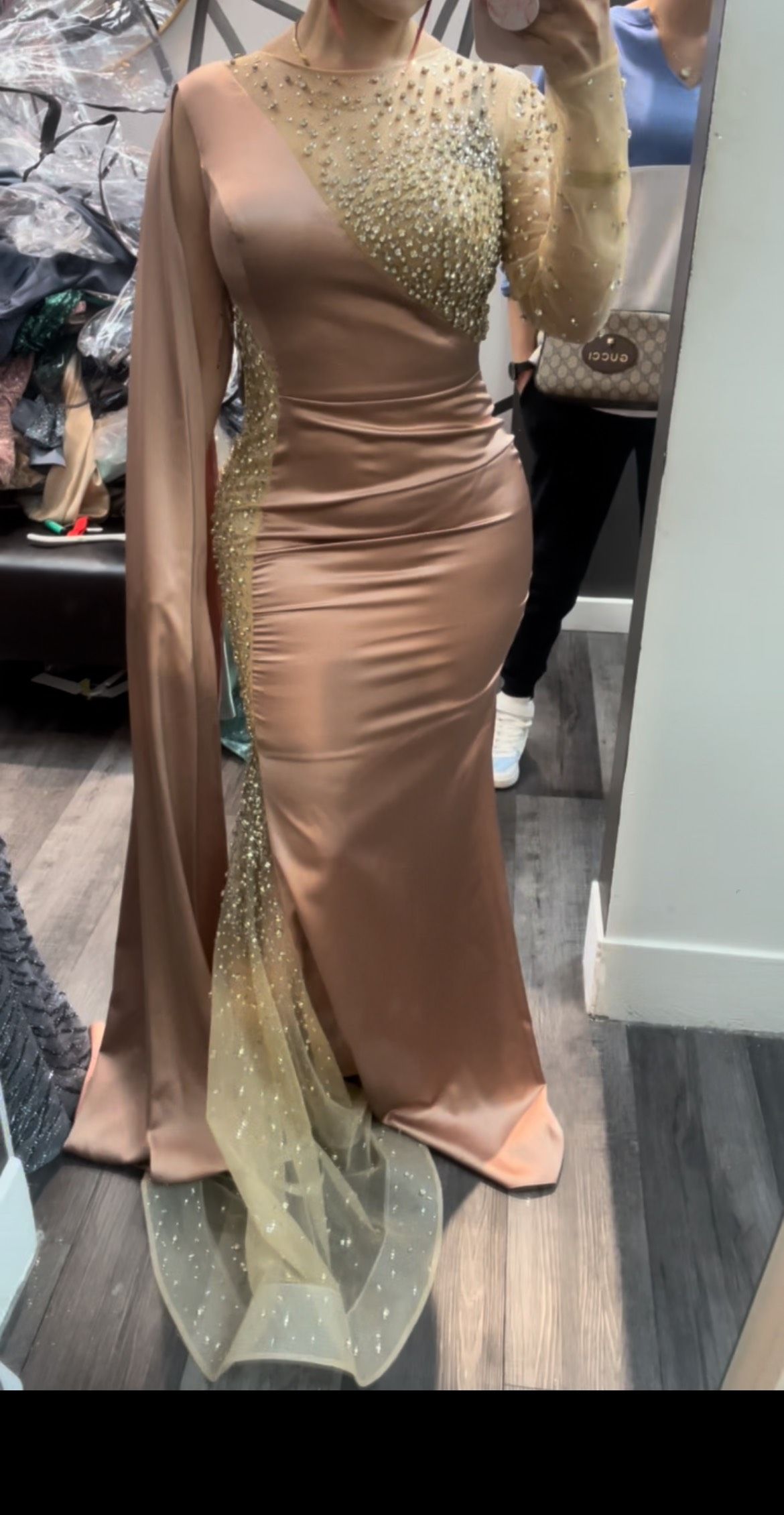 Size 6 Prom Long Sleeve Satin Nude Floor Length Maxi on Queenly