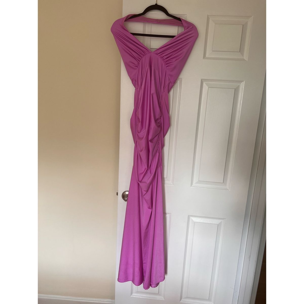 Size 4 Prom Halter Satin Hot Pink Mermaid Dress on Queenly