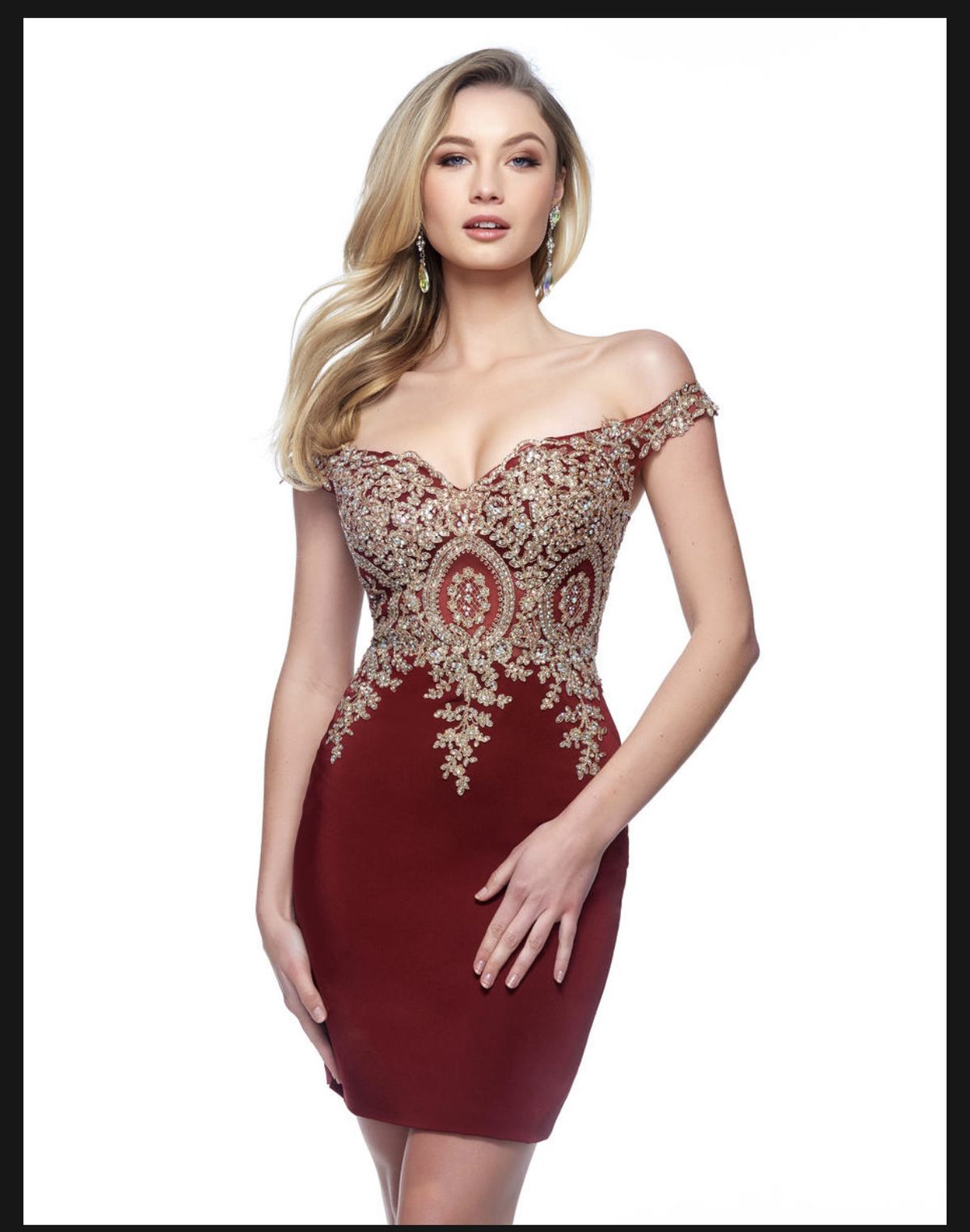 Abby Paris Size 10 Prom Off The Shoulder Burgundy Red Cocktail Dress on Queenly
