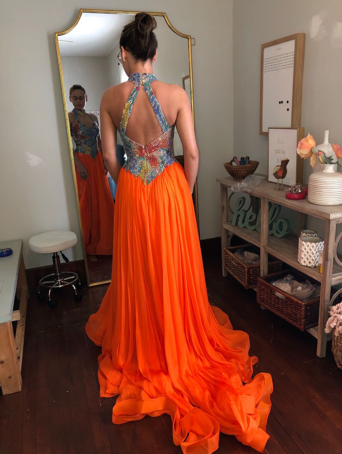 Jovani Size 2 Prom High Neck Sequined Orange A-line Dress on Queenly