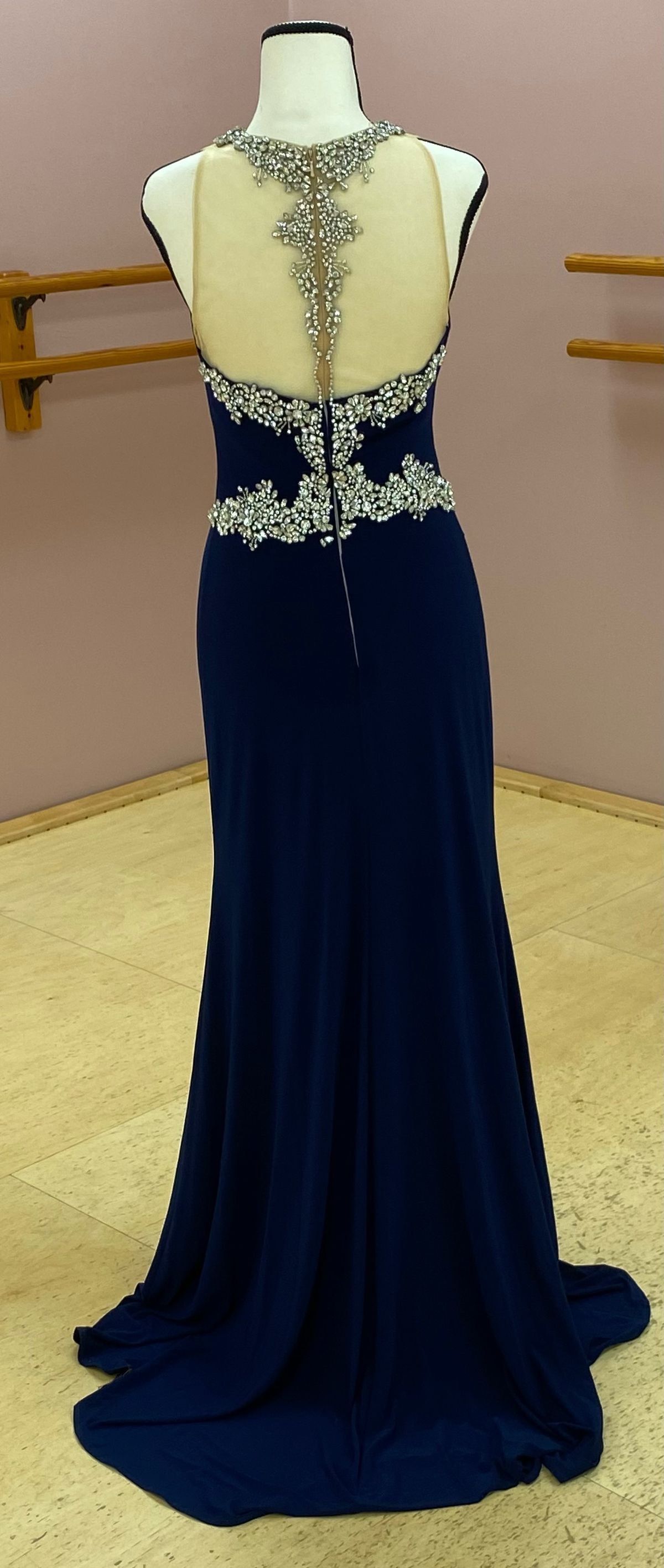 Jovani Size 4 Prom High Neck Sequined Navy Blue Dress With Train on Queenly