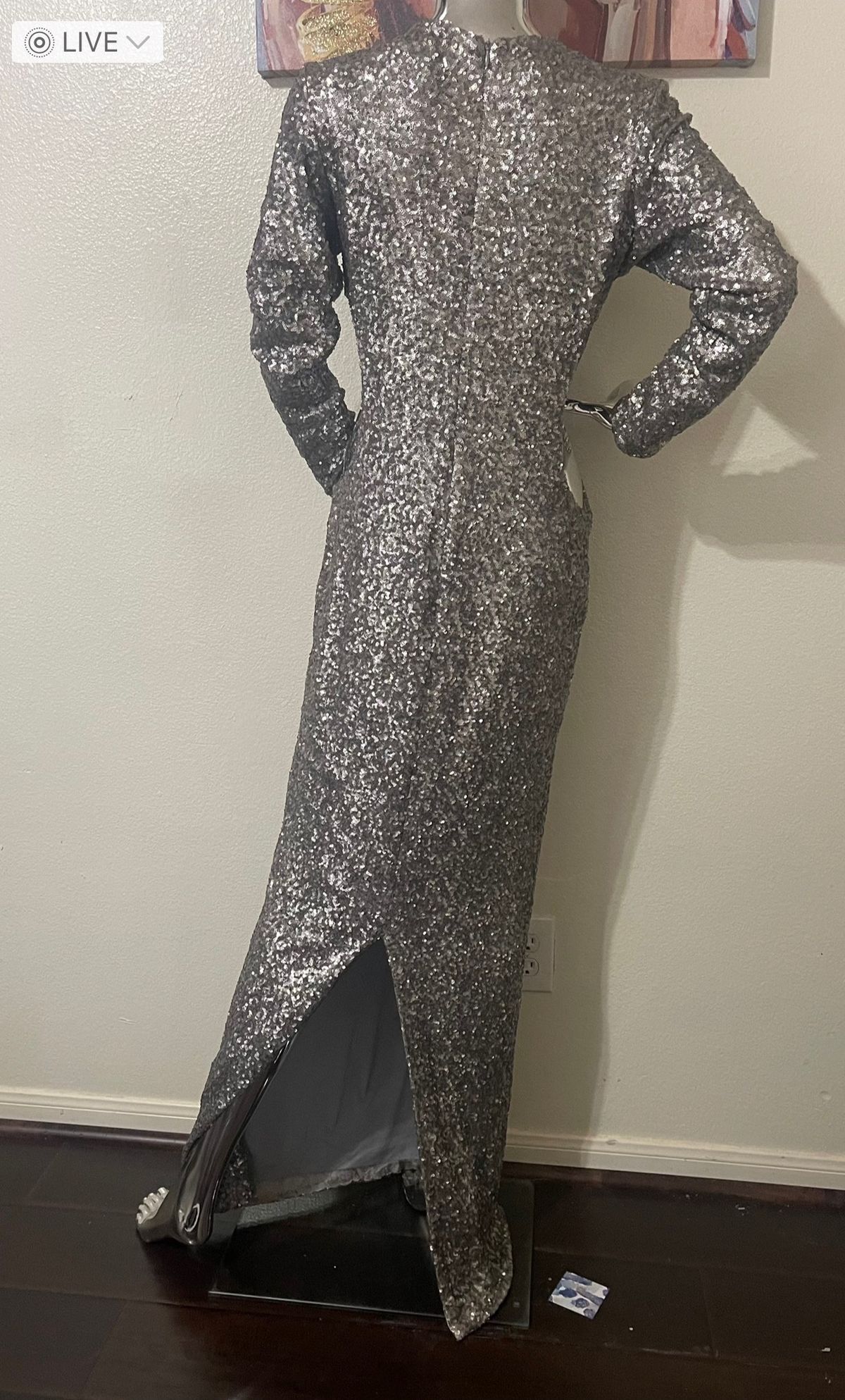 Size 12 Sequined Silver Floor Length Maxi on Queenly