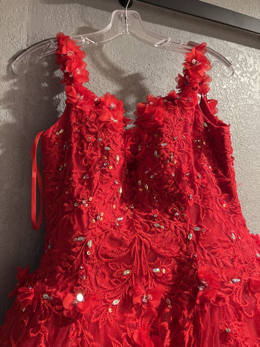 Size 4 Prom Lace Red Ball Gown on Queenly