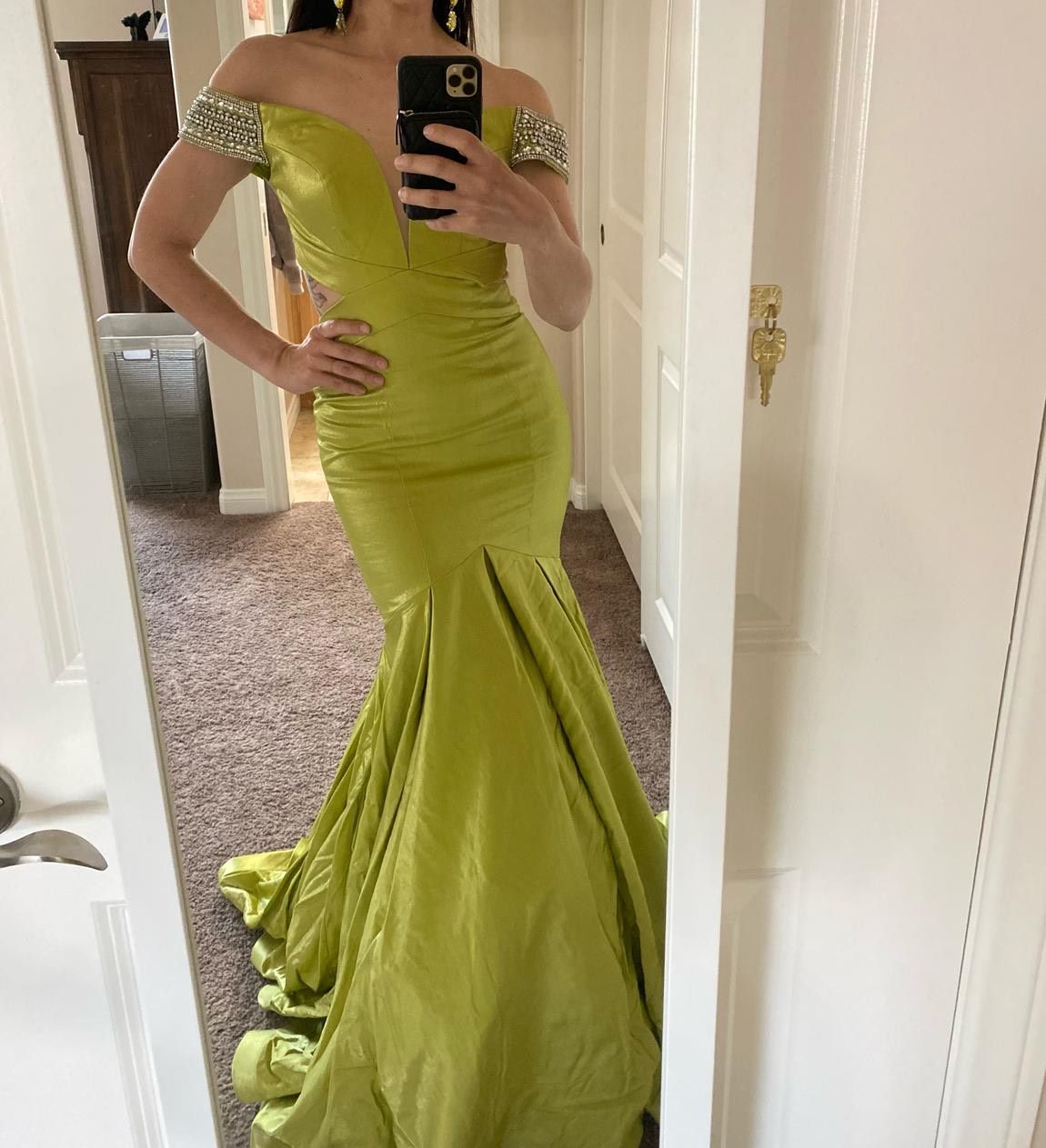 Rachel Allan Size 2 Prom Off The Shoulder Sequined Green Mermaid Dress on Queenly