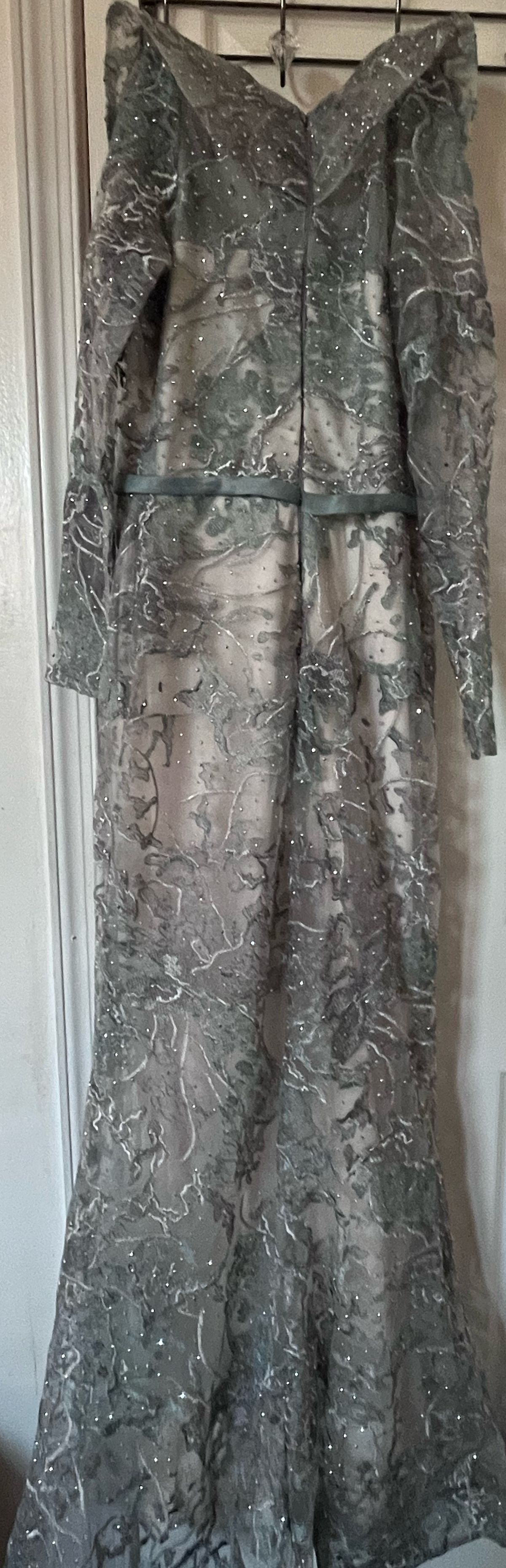 Size 12 Prom Long Sleeve Sequined Silver Mermaid Dress on Queenly