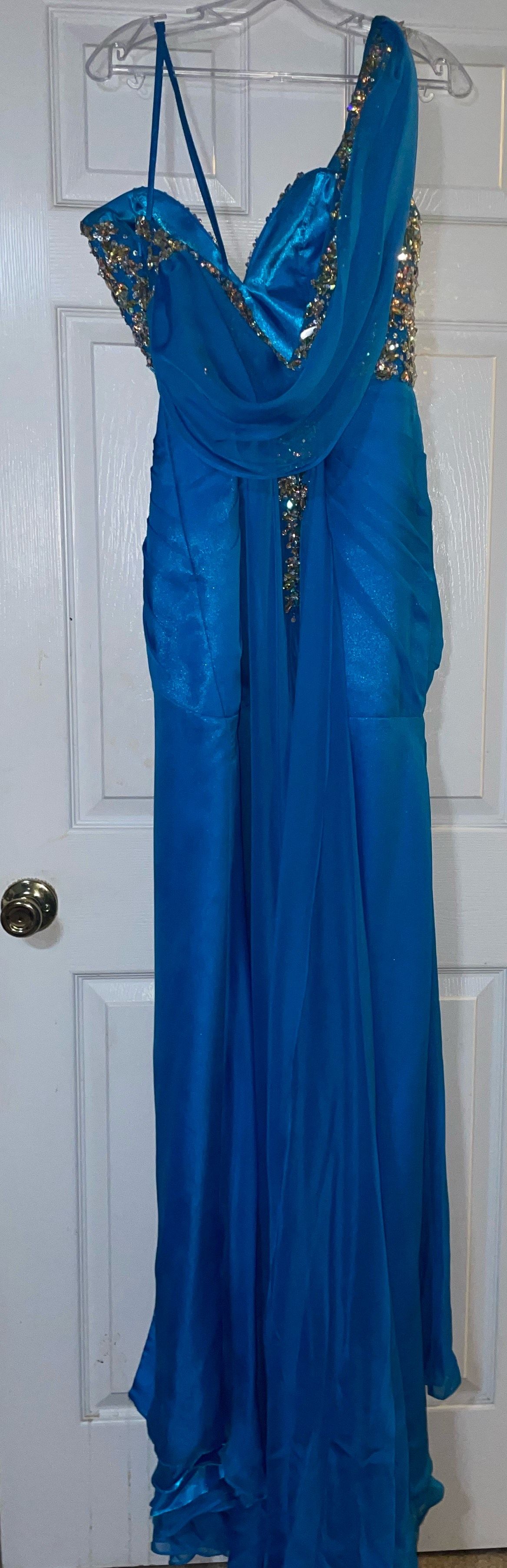 Plus Size 20 Prom One Shoulder Sheer Blue Ball Gown on Queenly