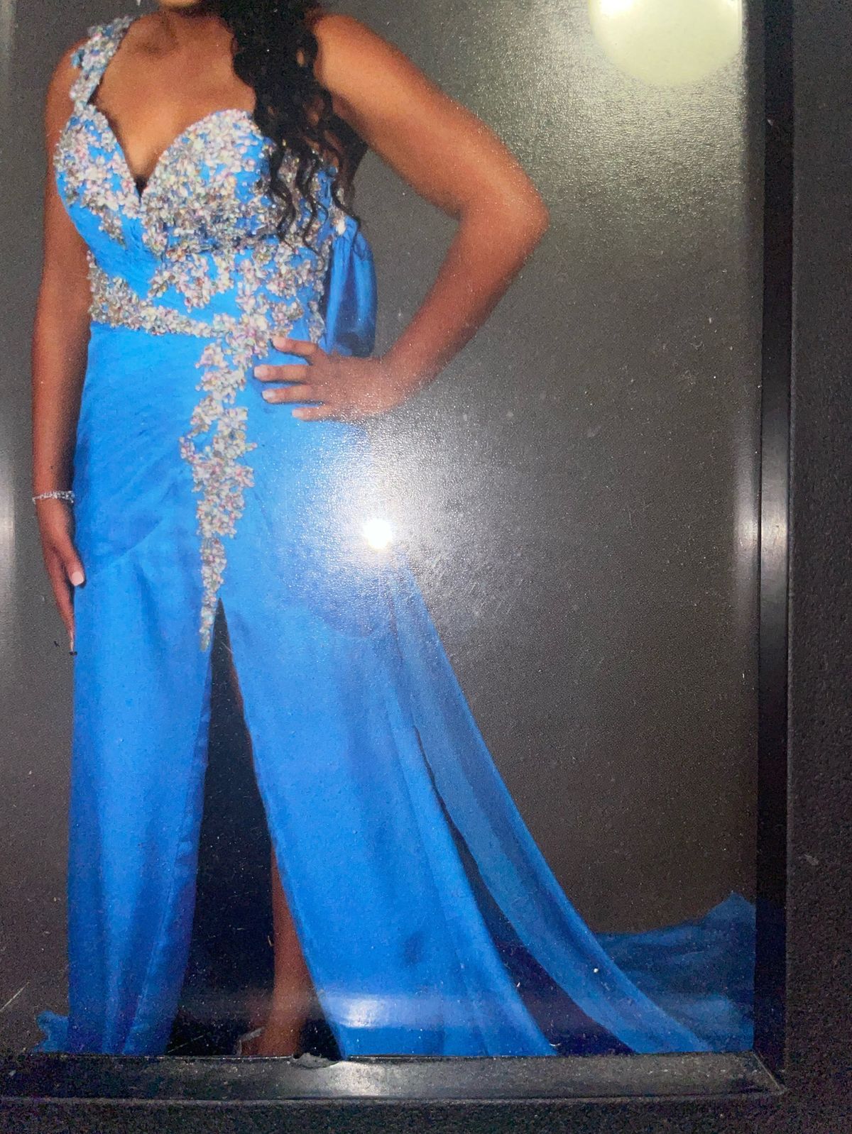 Plus Size 20 Prom One Shoulder Sheer Blue Ball Gown on Queenly