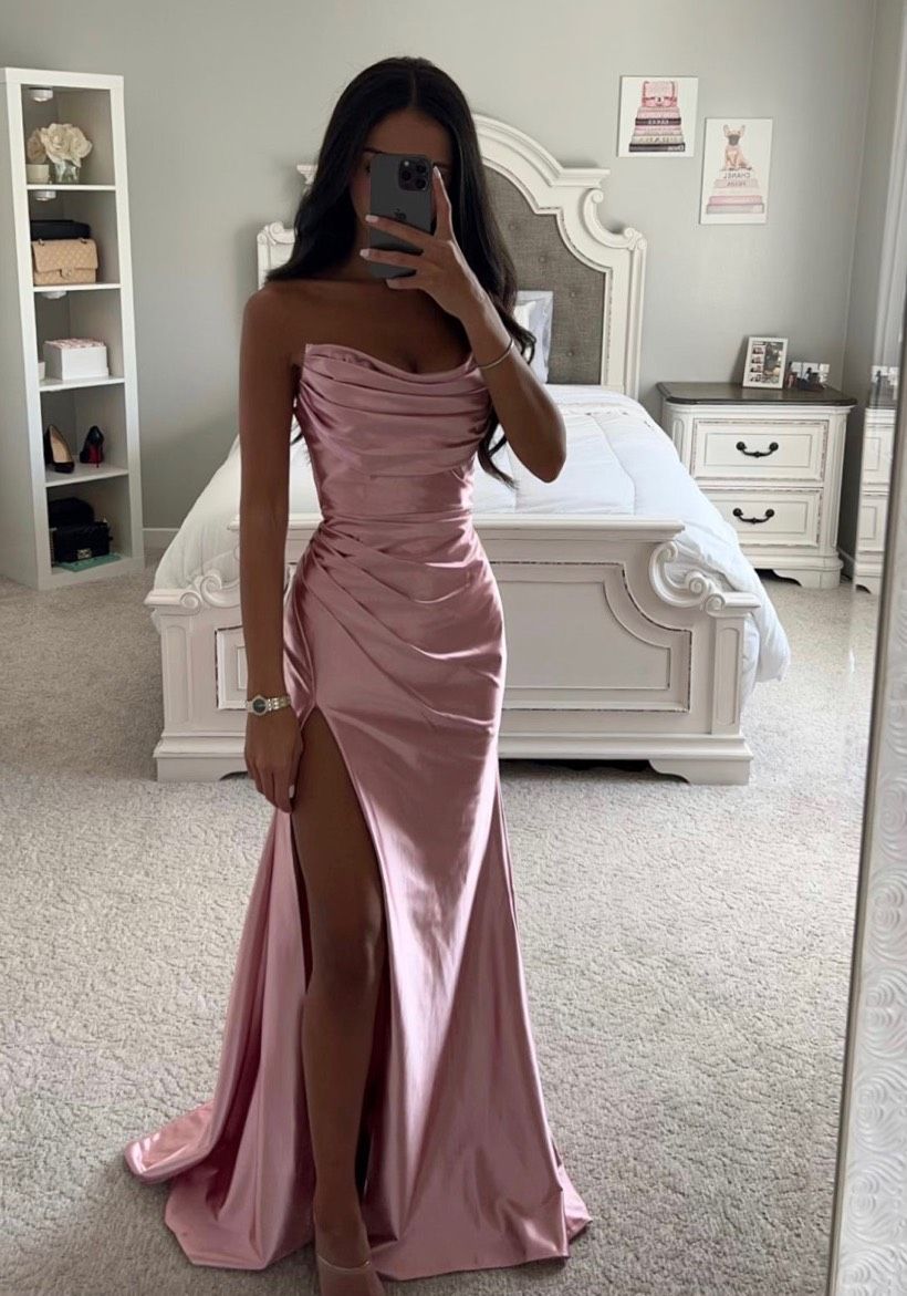 Size 0 Prom Strapless Satin Light Pink Slit Dress on Queenly