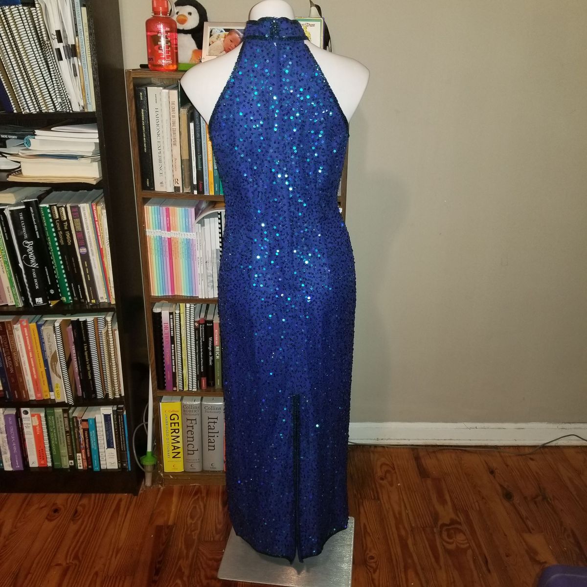 Style 1481 Laurence Kazar Size 6 Prom High Neck Sequined Royal Blue Floor Length Maxi on Queenly