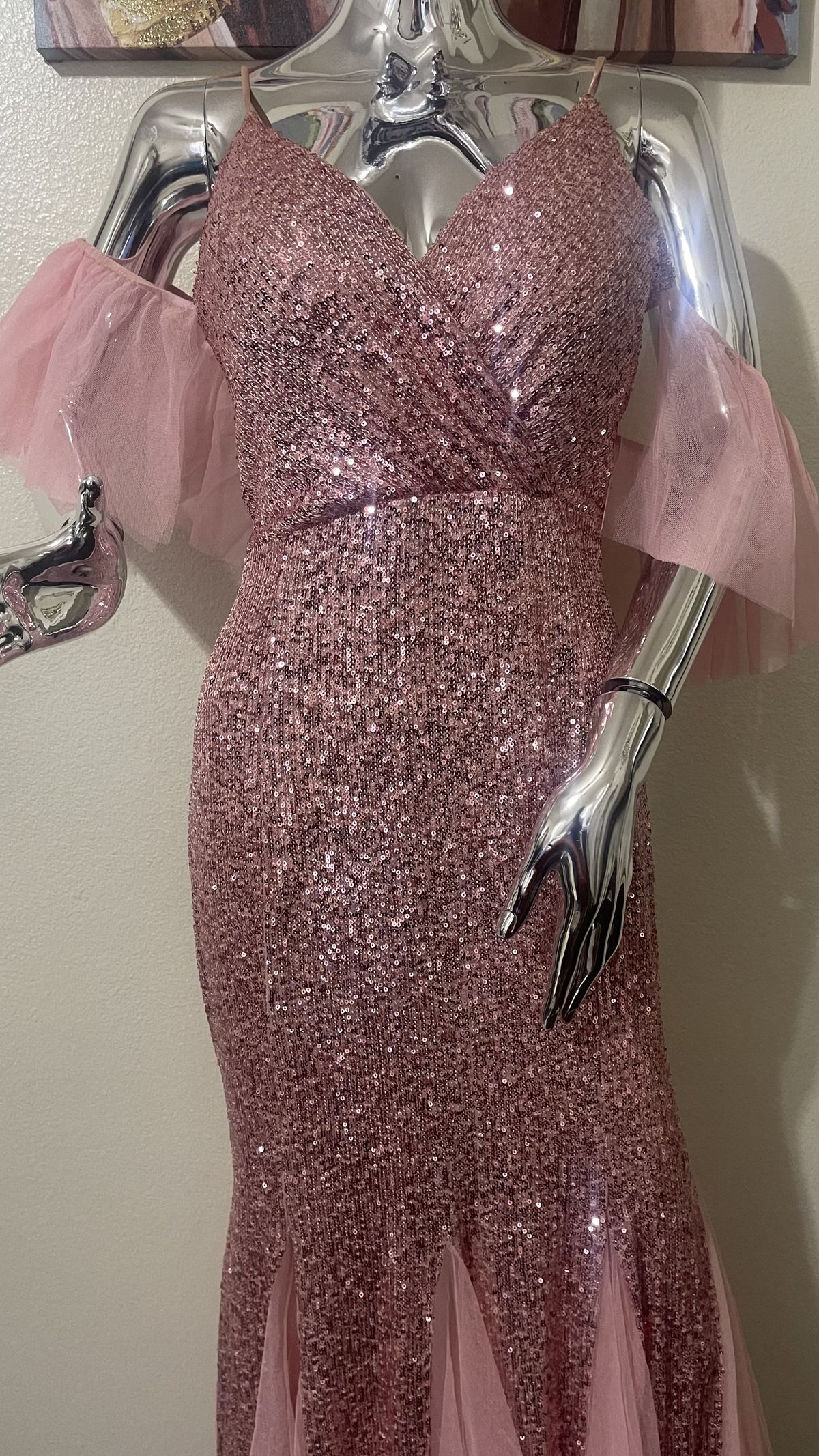 Size 12 Prom Sequined Rose Gold Ball Gown on Queenly