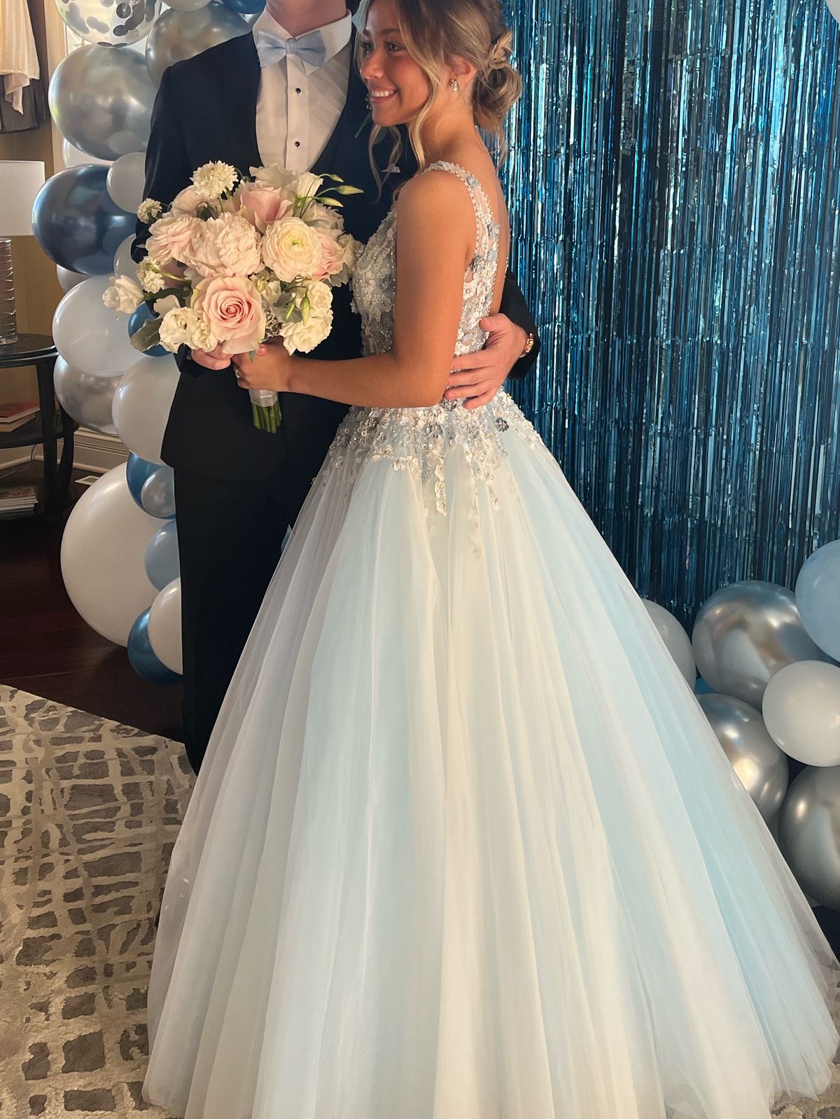Jovani Size 2 Prom Plunge Lace Light Blue Ball Gown on Queenly