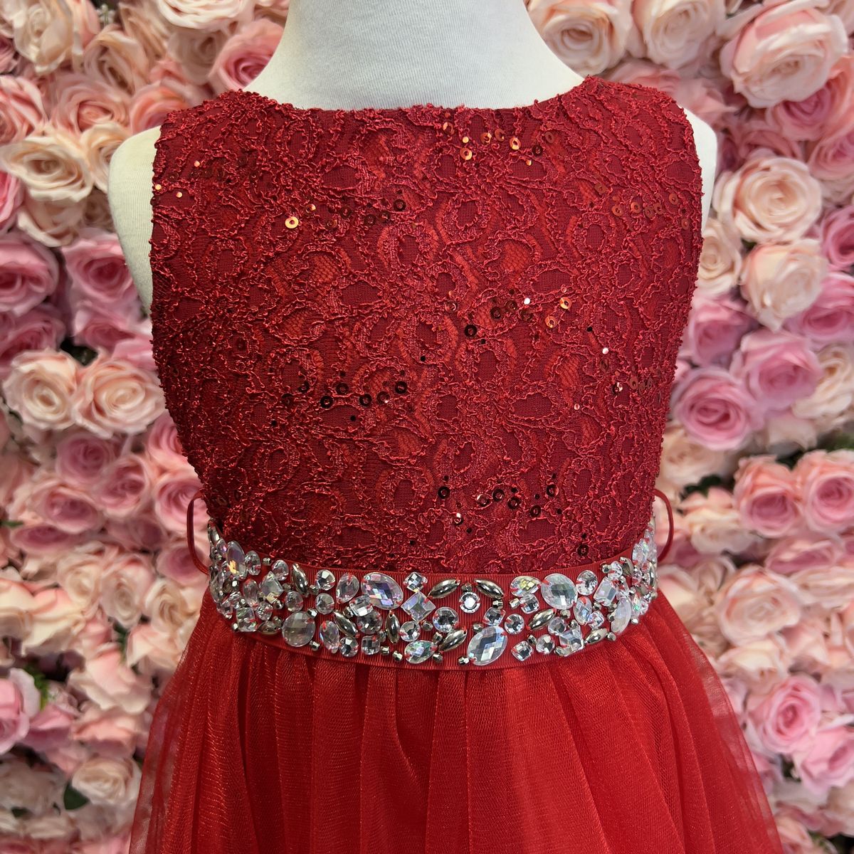 Girls Size 7 Wedding Guest Sequined Red A-line Dress on Queenly