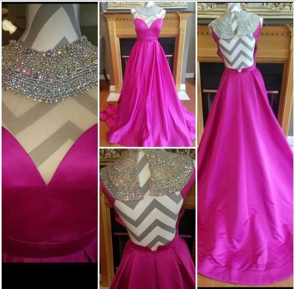 Jovani Size 4 Prom High Neck Sequined Hot Pink Ball Gown on Queenly