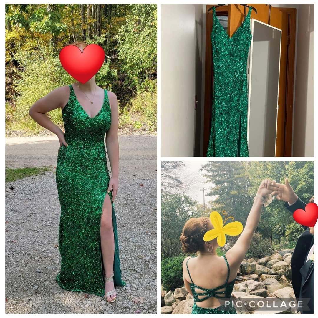 Style 53450 Sherri Hill Size 6 Prom Plunge Emerald Green Side Slit Dress on Queenly