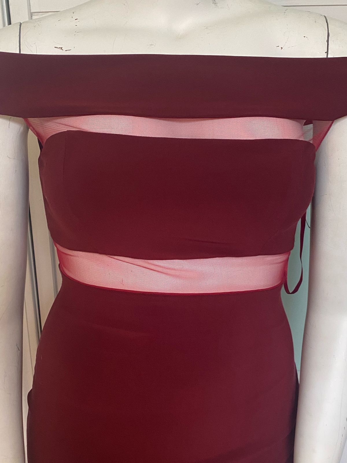 Jolene Size 14 Prom Off The Shoulder Sheer Burgundy Red Cocktail Dress on Queenly