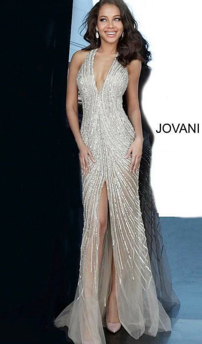 Jovani Size 2 Prom Plunge Sequined Nude Side Slit Dress on Queenly