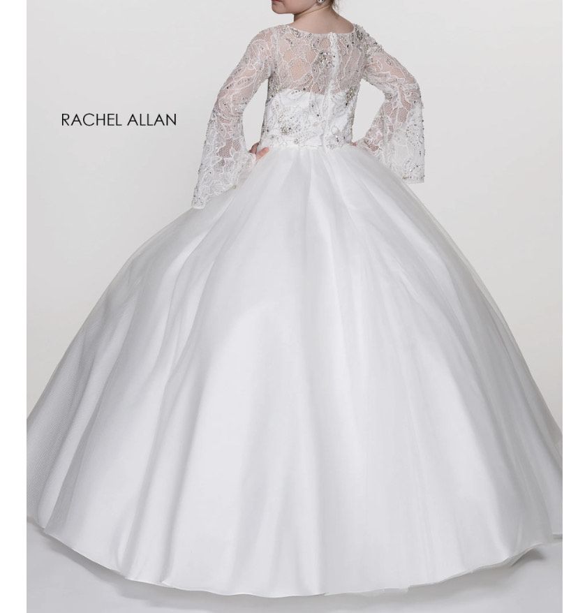 Rachel Allan Girls Size 10 Pageant Sheer White Ball Gown on Queenly