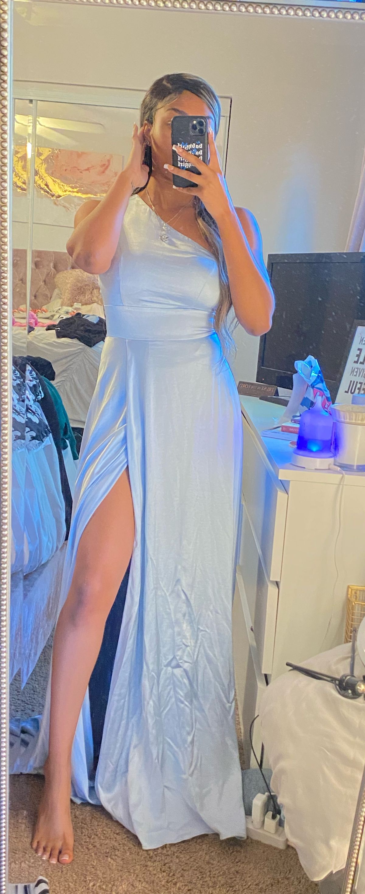 Speechless Size 2 Bridesmaid One Shoulder Satin Light Blue Side Slit Dress on Queenly