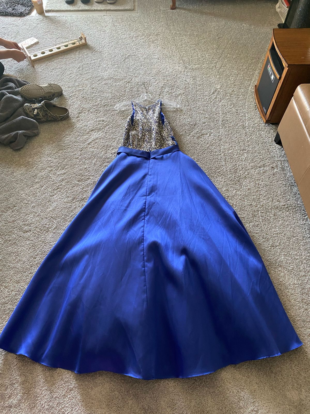Jovani Size 14 Prom High Neck Satin Royal Blue Ball Gown on Queenly