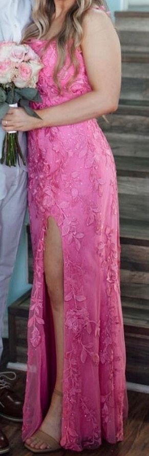 Sherri Hill Size 6 Prom Lace Hot Pink Side Slit Dress on Queenly