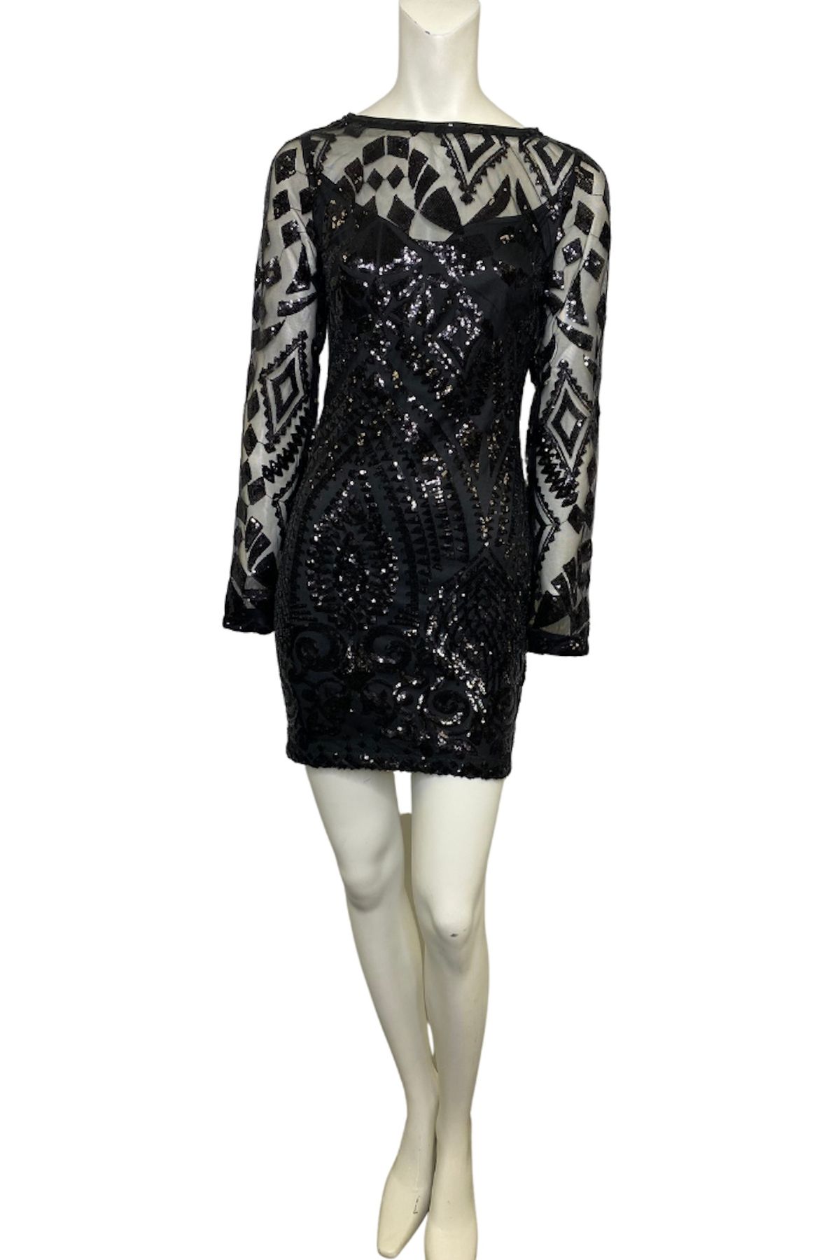 Style XA17359 Emma Size 8 Prom Long Sleeve Sequined Black Cocktail Dress on Queenly