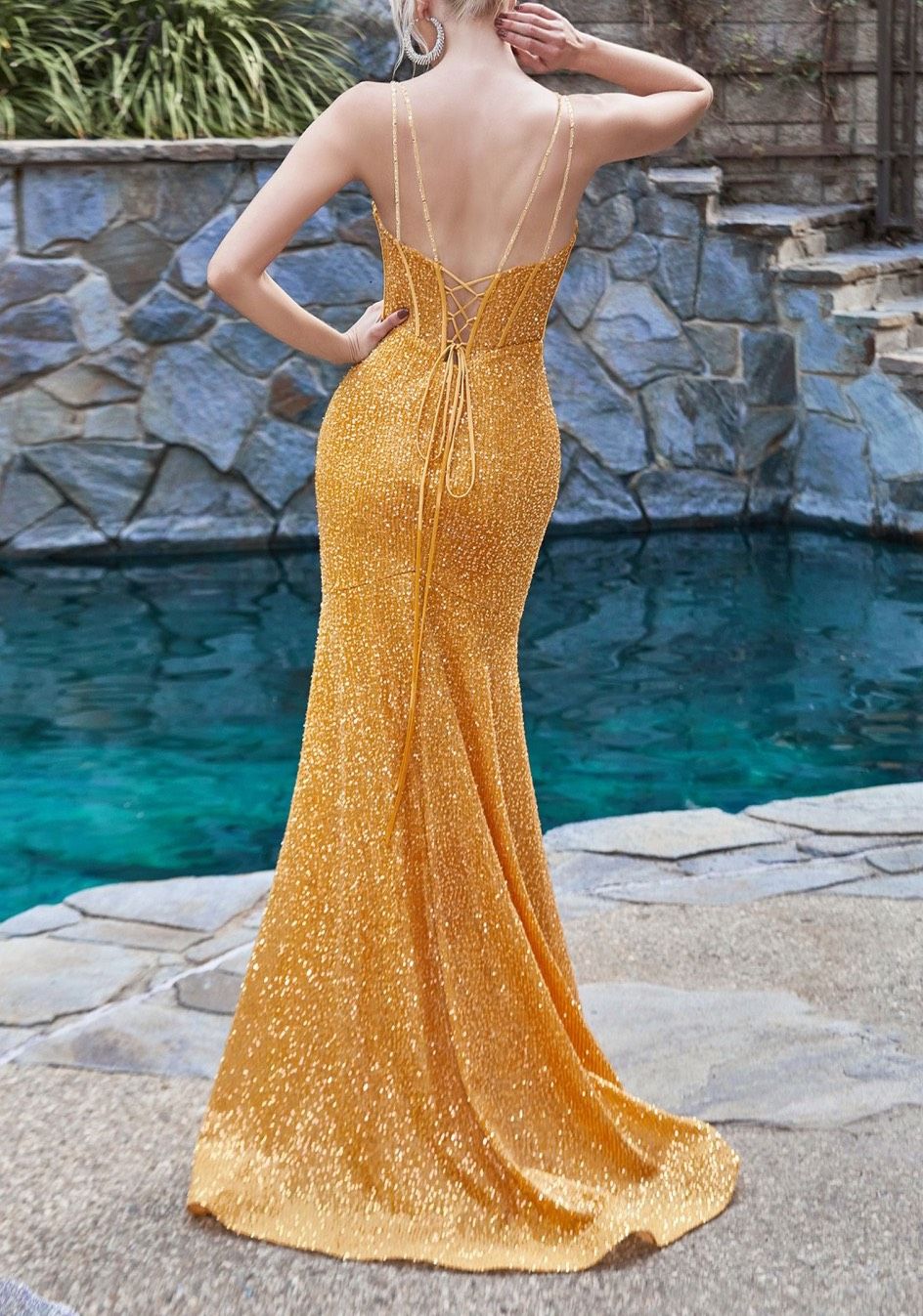 Size 8 Prom Sequined Yellow Side Slit Dress on Queenly