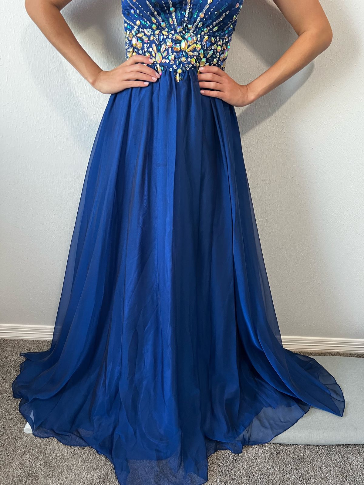 Size 0 Prom Strapless Satin Royal Blue A-line Dress on Queenly